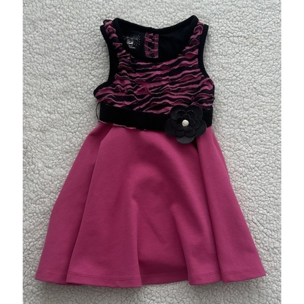 Toddler Girls Sleeveless Dress Pink & Black Animal Print Ruffles Flower Belt 2T